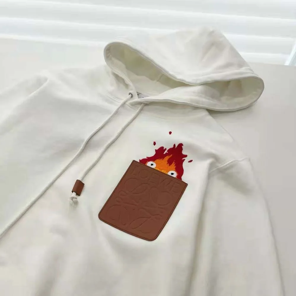 Loewe Calcifer Leather Patch Hoodie in Cotton for Women in White