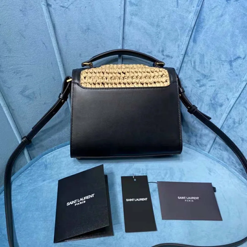 Saint Laurent YSL Cassandra Mini Top Handle Bag in Raffia and Leather for Women