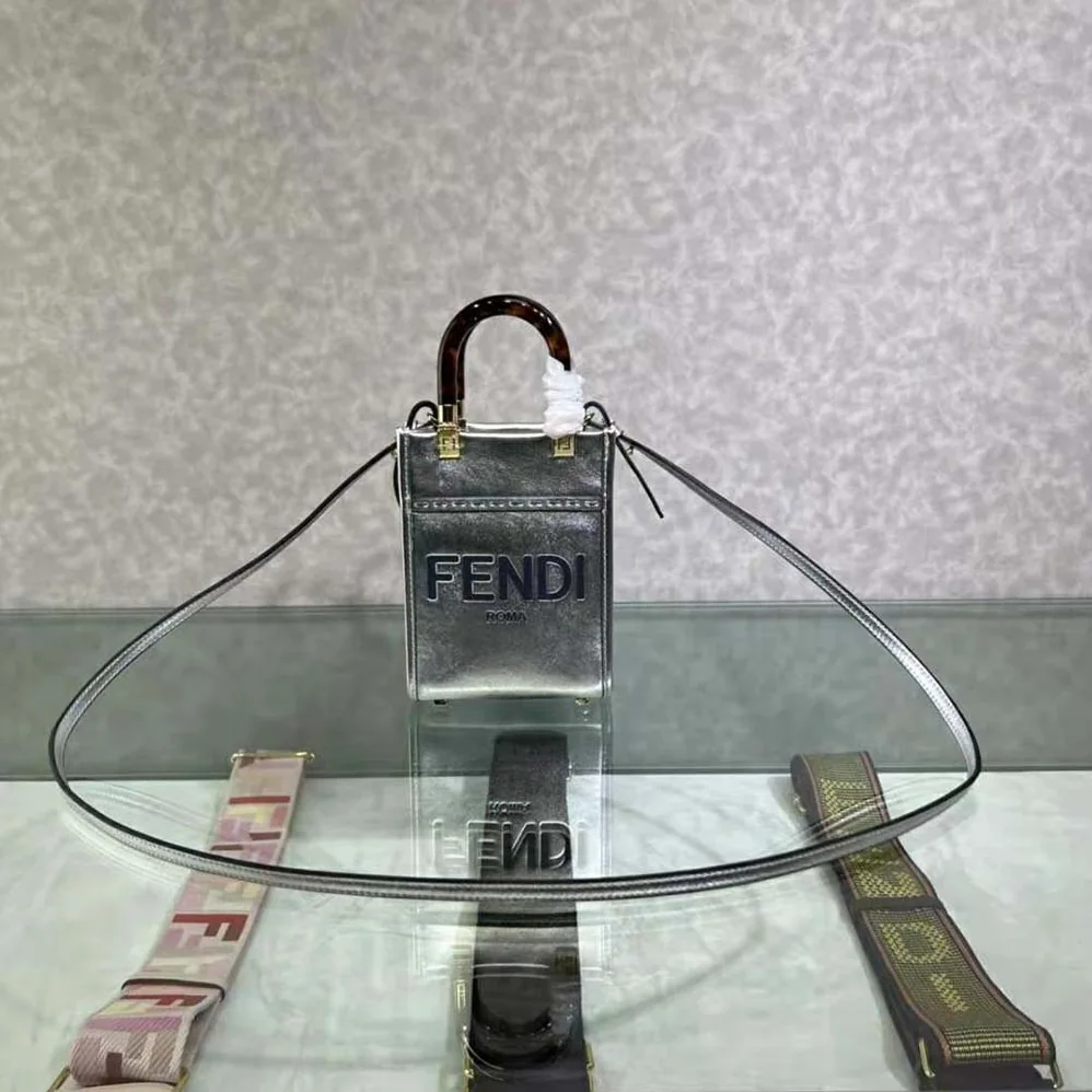 Fendi Mini Sunshine Shopper Silver Laminated Leather Shopper for Women Fendi Mini Sunshine Shopper Silver Laminated Leather Shopper for Women