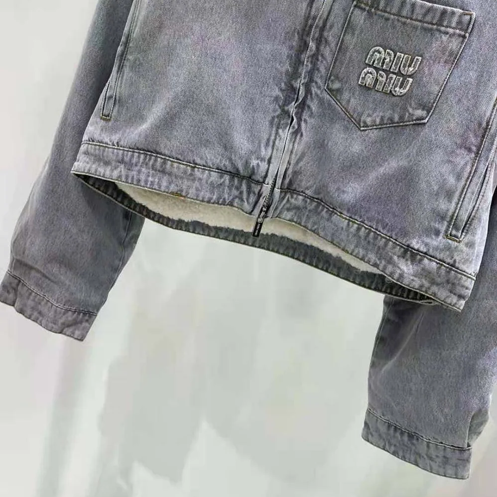 Miu Miu Embroidered Denim Blouson Jacket with Embroidered Logo for Women