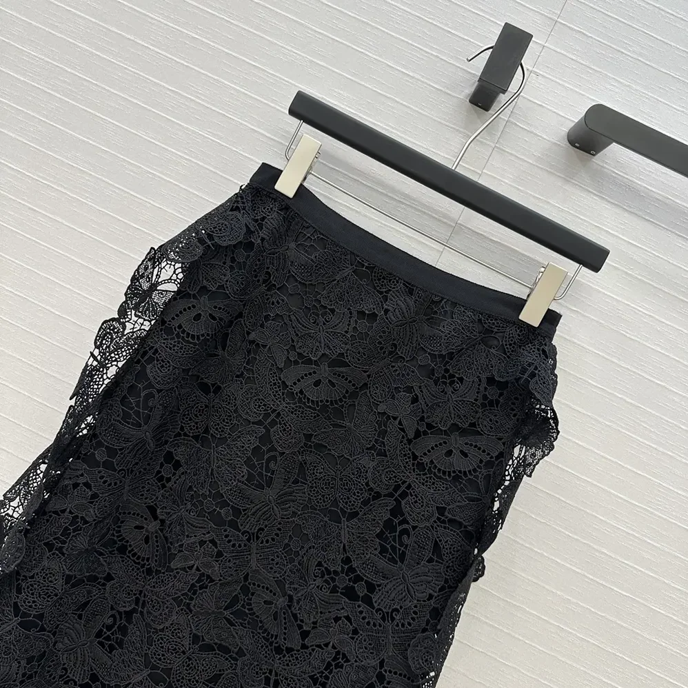Dior Mid-Length Skirt Black Cotton-Blend Lace with Allover Butterfly Motif for Women