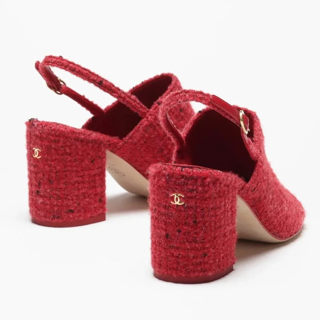 Chanel Tweed Slingbacks Red --U4533
