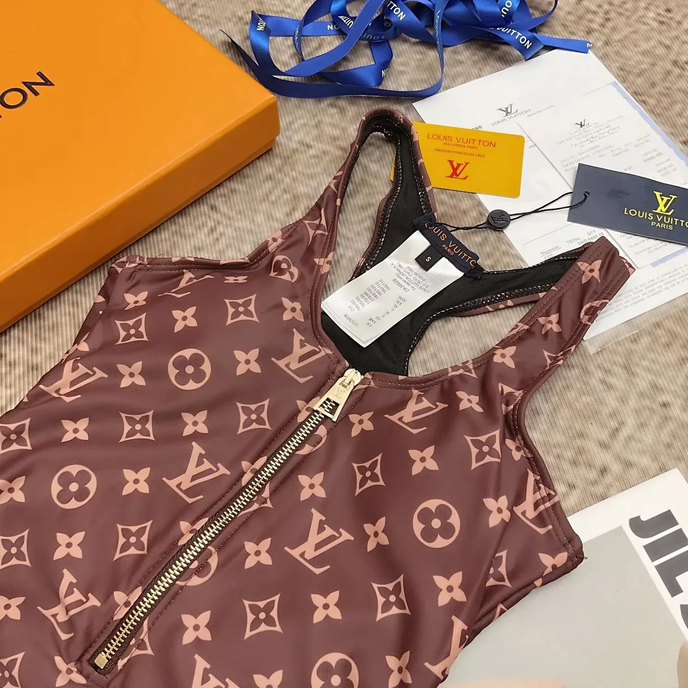 Louis Vuitton Front-Zip Racerback One in Piece Swimsuit Brown Monogram Louis Vuitton Front-Zip Racerback One in Piece Swimsuit Brown Monogram