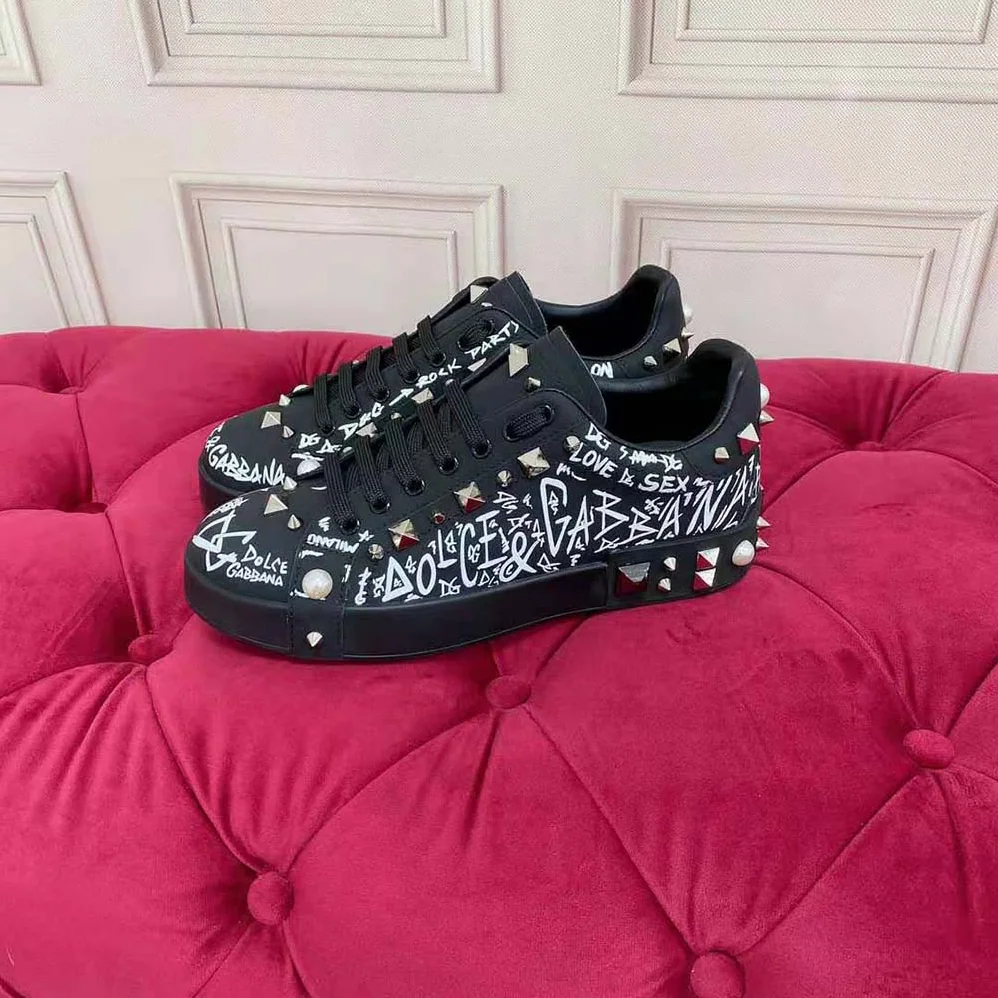 Dolce Gabbana D&G Calfskin Nappa Portofino Sneakers with Studs for Unisex in Black