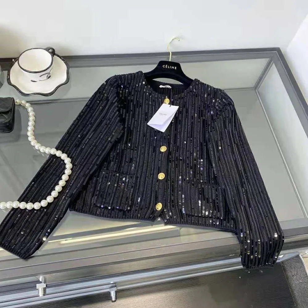 Celine Embroidered Cardigan in Ribbed Mohair for Women in Black