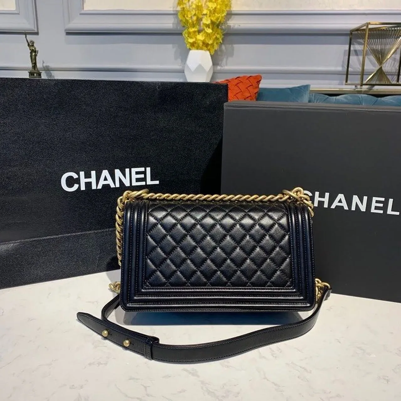Chanel Boy Medium Crossbody Bag in Black Gold Hardware
