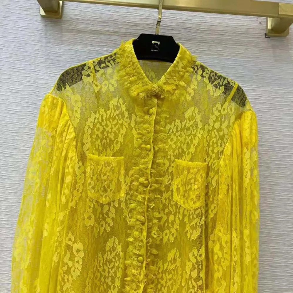 Fendi Yellow Lace Shirt with Wide Puff Sleeves for Women Fendi Yellow Lace Shirt with Wide Puff Sleeves for Women