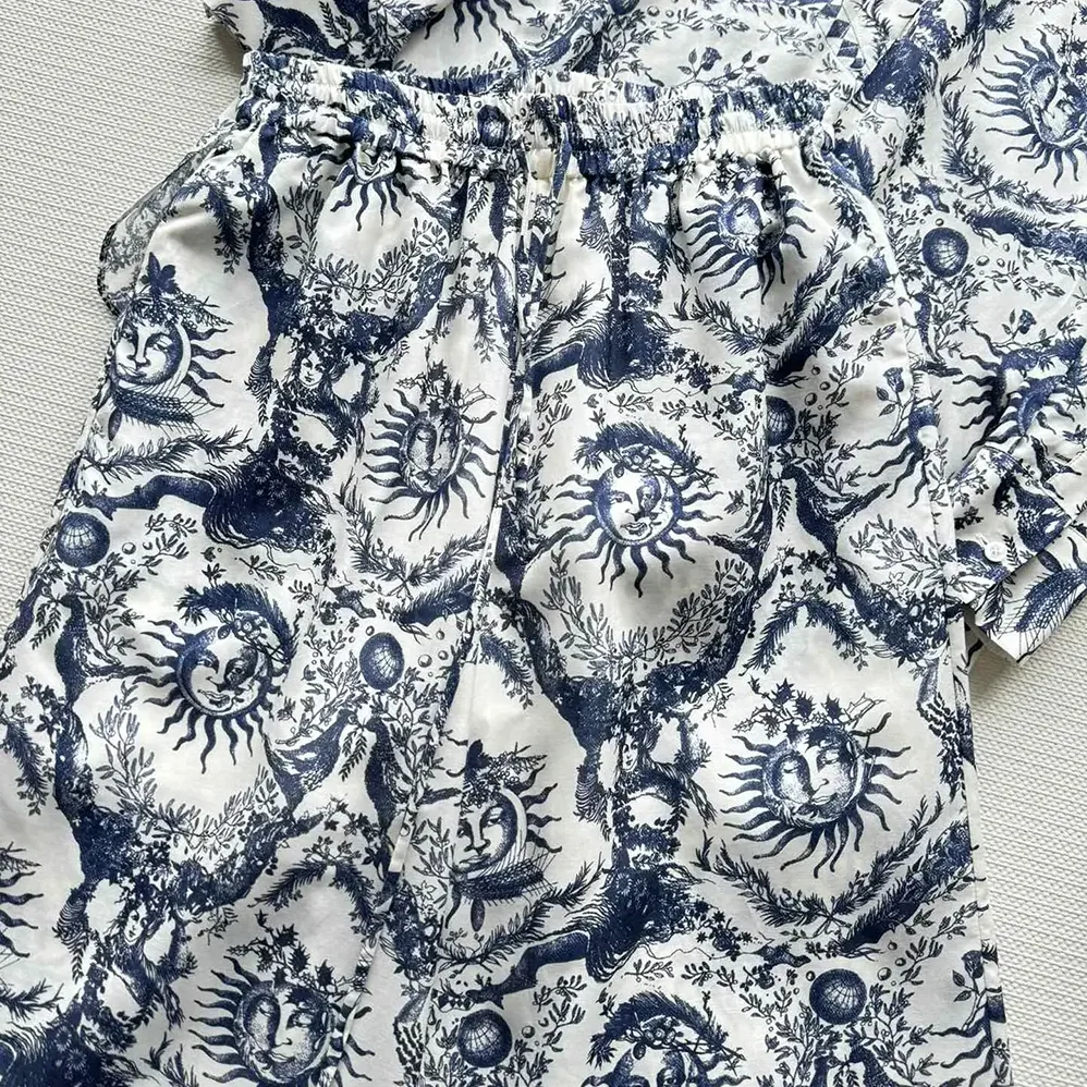 Dior Pants White and Navy Blue Toile de Jouy Soleil Cotton Voile for Women