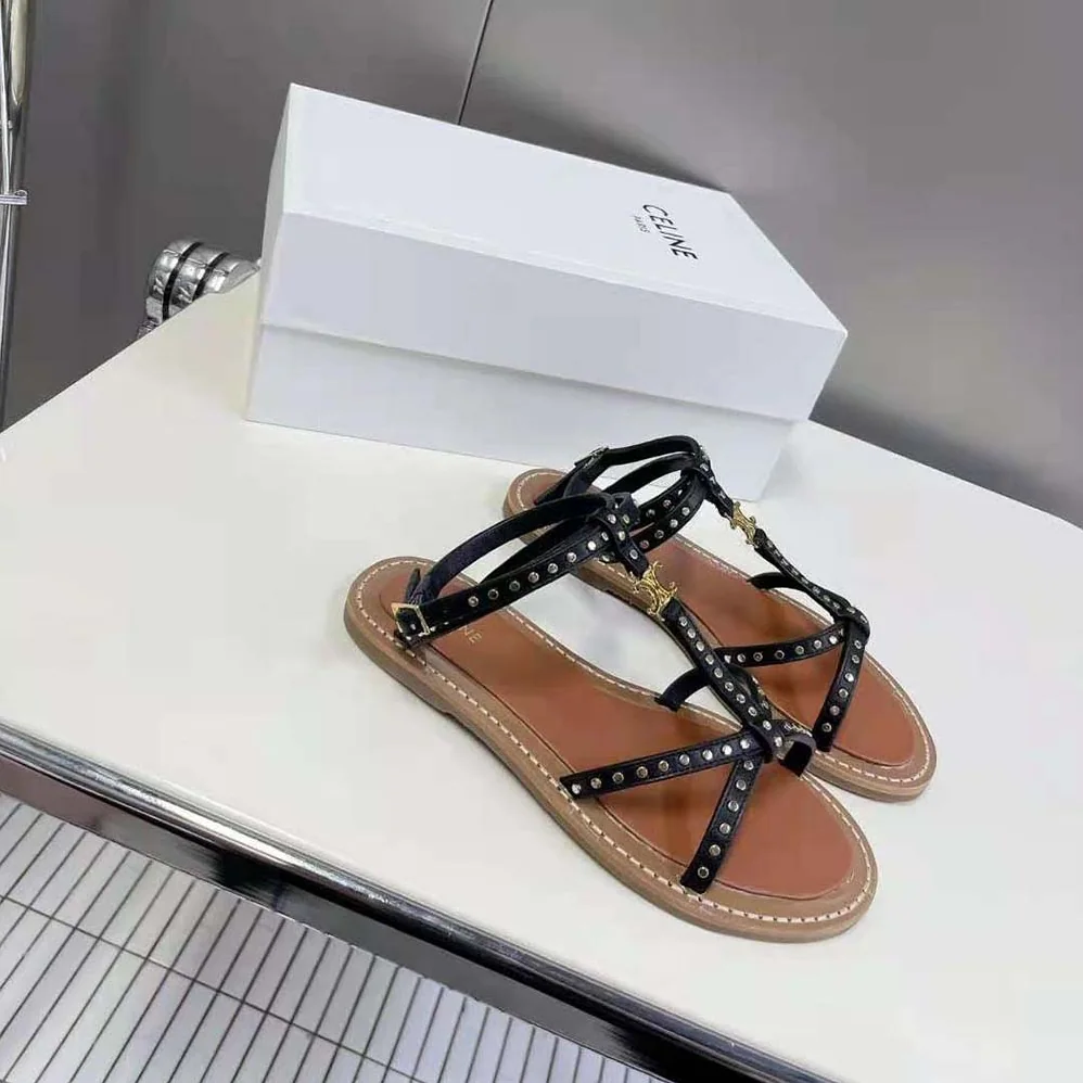 Celine Taillat Flat Sandal with Studs in Calfskin – Vegetal Tanning & Studs for Women in Black Celine Taillat Flat Sandal with Studs in Calfskin – Vegetal Tanning & Studs for Women in Black