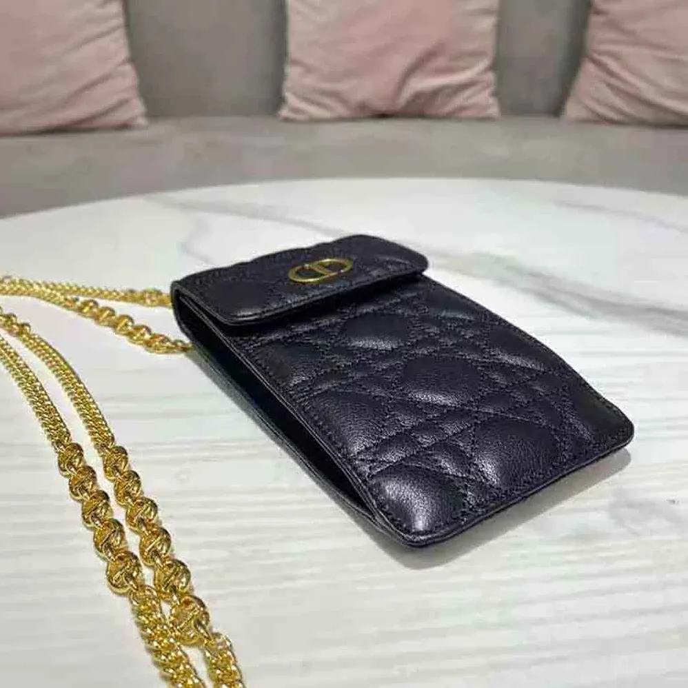 Dior Caro Phone Holder with Chain Black Supple Cannage Calfskin for Women