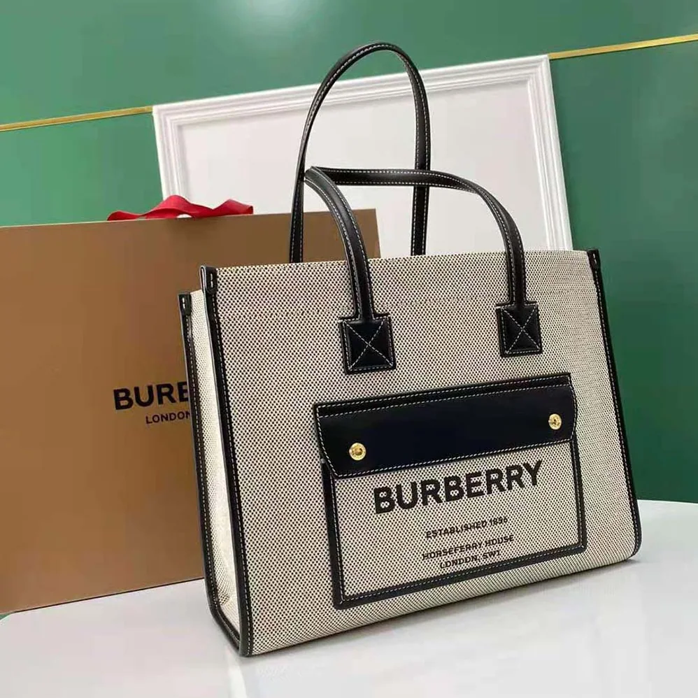 Burberry Medium Two-tone Canvas and Leather Freya Tote for Women in Black Burberry Medium Two-tone Canvas and Leather Freya Tote for Women in Black