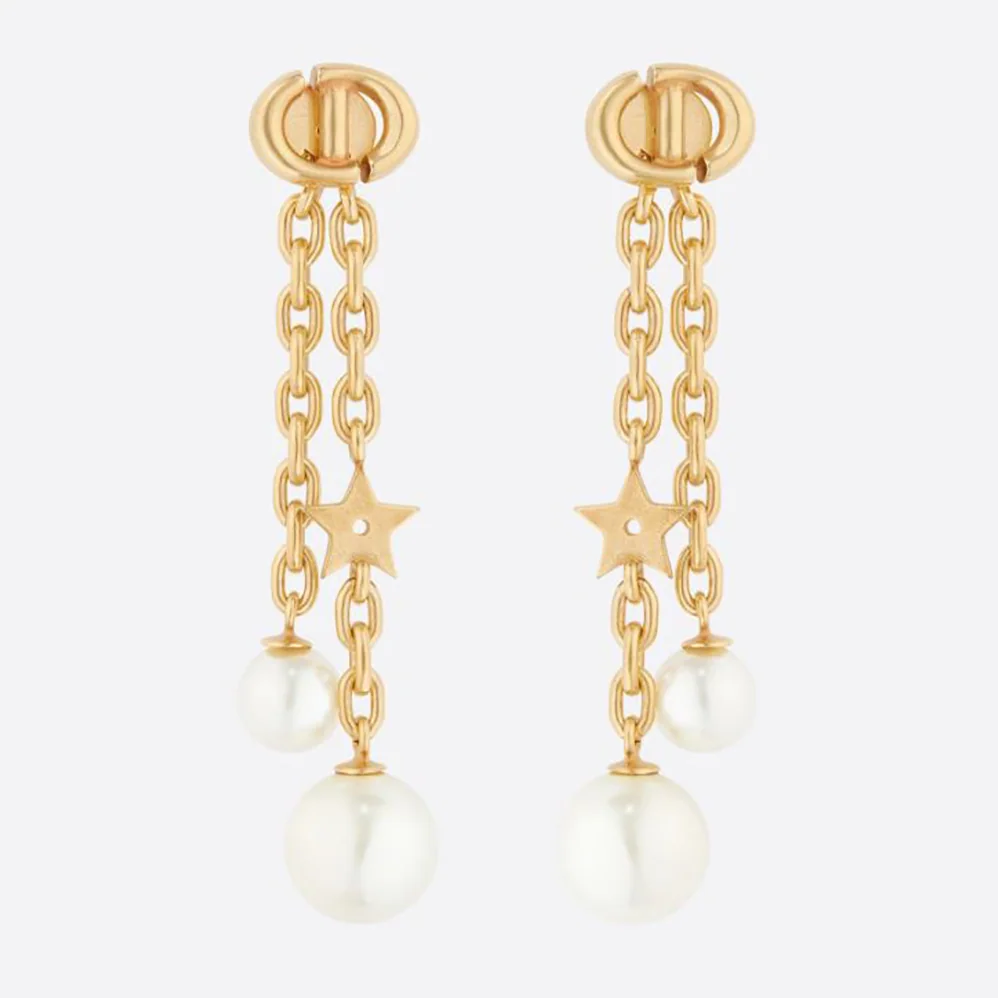 Dior CD Navy Earrings Gold-Finish Metal and White Resin Pearls for Women