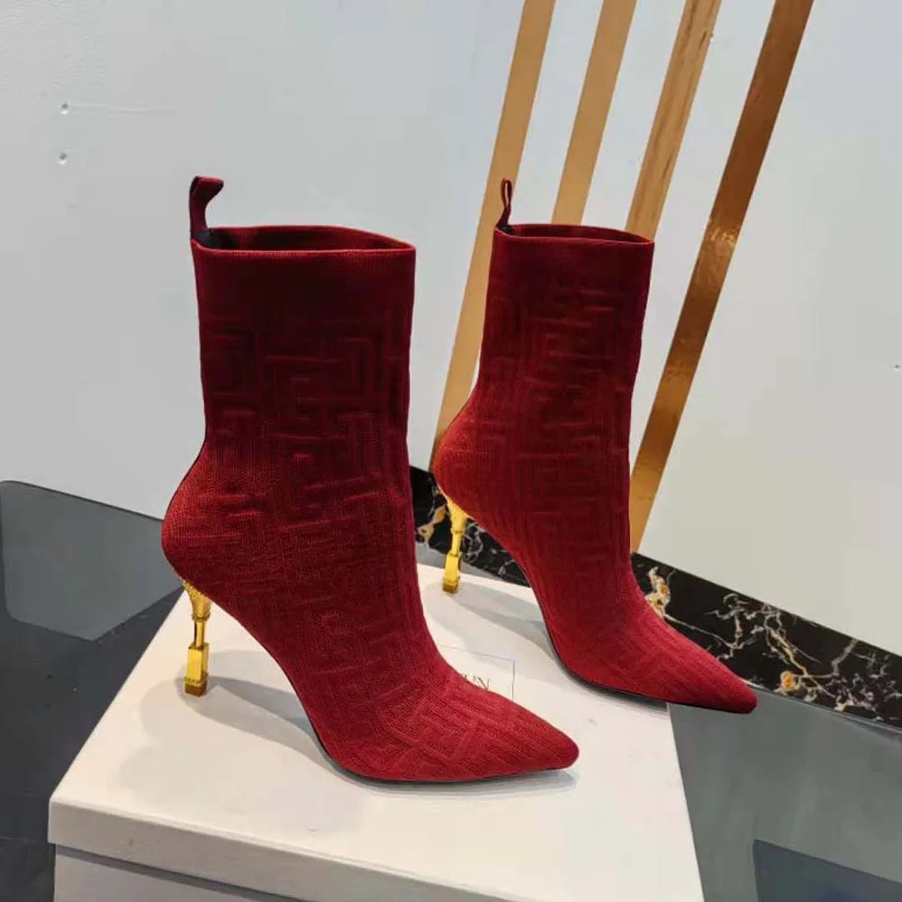 Balmain Moneta Monogrammed Knit Ankle Boots with Engraved Heel for Women in Red
