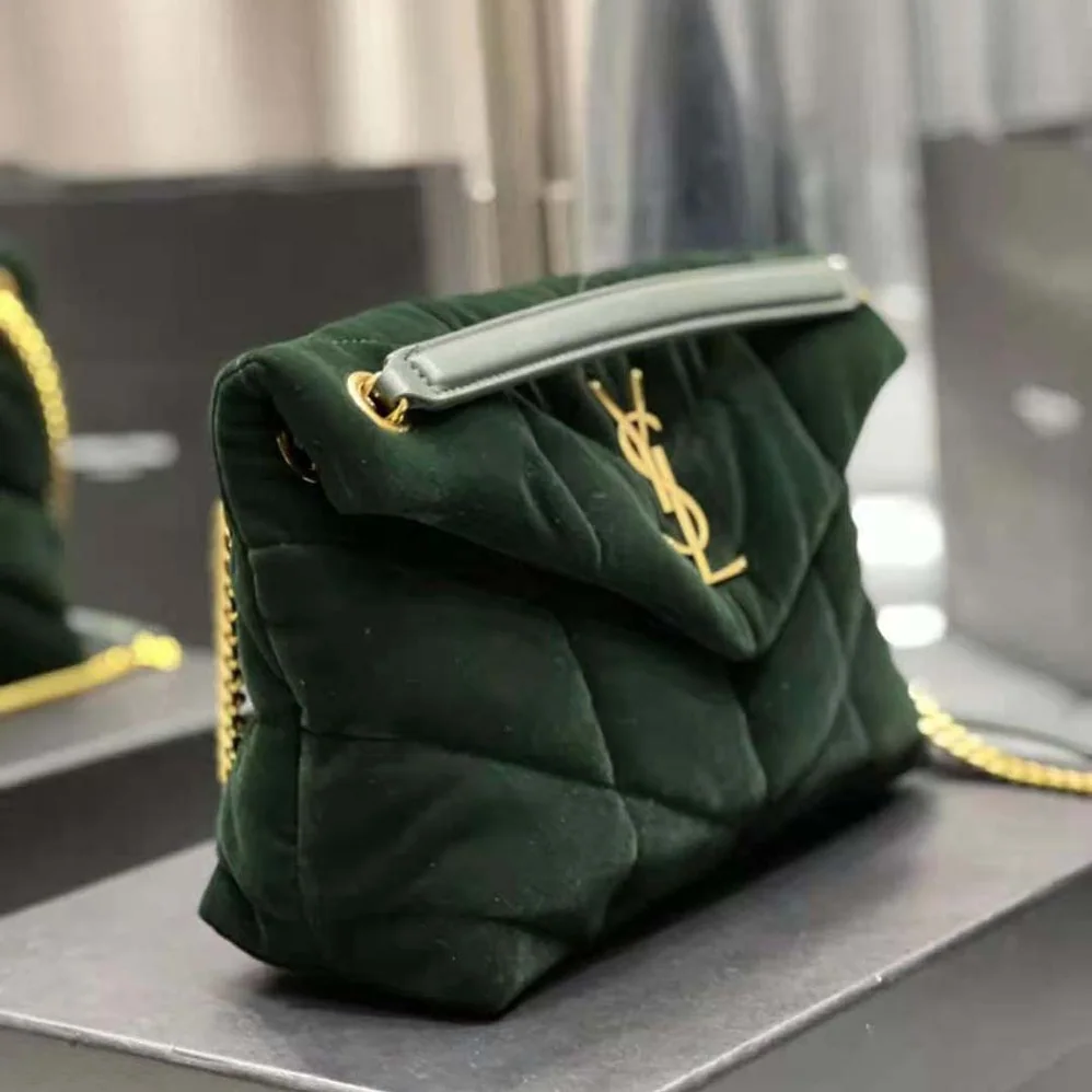Saint Laurent YSL Puffer Small Bag in Velvet and Lambskin for Women in Green Saint Laurent YSL Puffer Small Bag in Velvet and Lambskin for Women in Green
