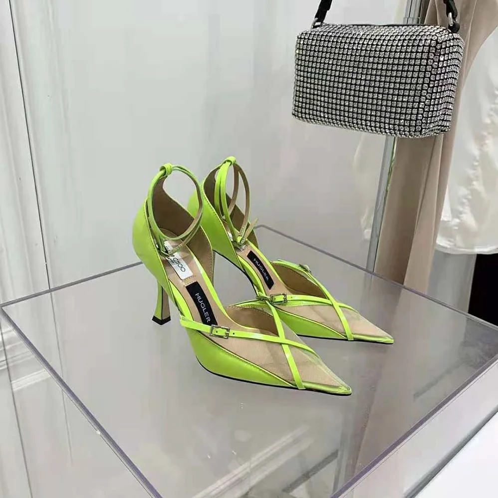 Jimmy Choo Mugler Strap Pump Neon Yellow Patent and Mesh Pumps with Straps for Women Jimmy Choo Mugler Strap Pump Neon Yellow Patent and Mesh Pumps with Straps for Women