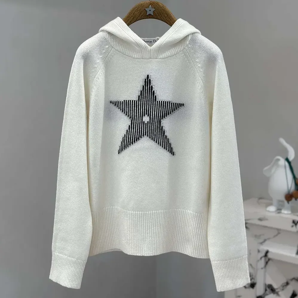 Dior DiorAlps Hooded Sweater White Wool and Cashmere Knit with Navy Blue Dior Star Motif for Women