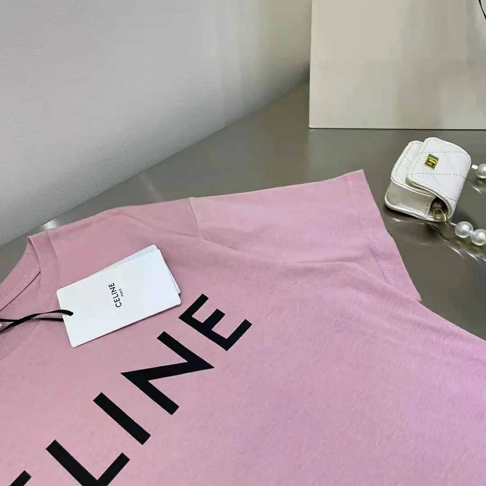 Celine Loose Unisex Cotton Jersey T-shirt for Women in Pink Celine Loose Unisex Cotton Jersey T-shirt for Women in Pink