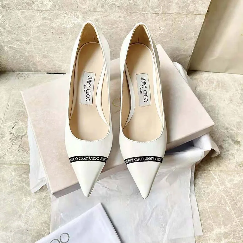 Jimmy Choo RENE 65 Latte Nappa Leather Pointed Pumps with Logo for Women in Woven Ribbon