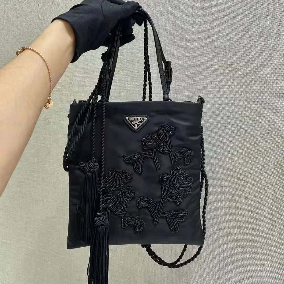 Prada Embroidered Nylon Handbag for Women in Black