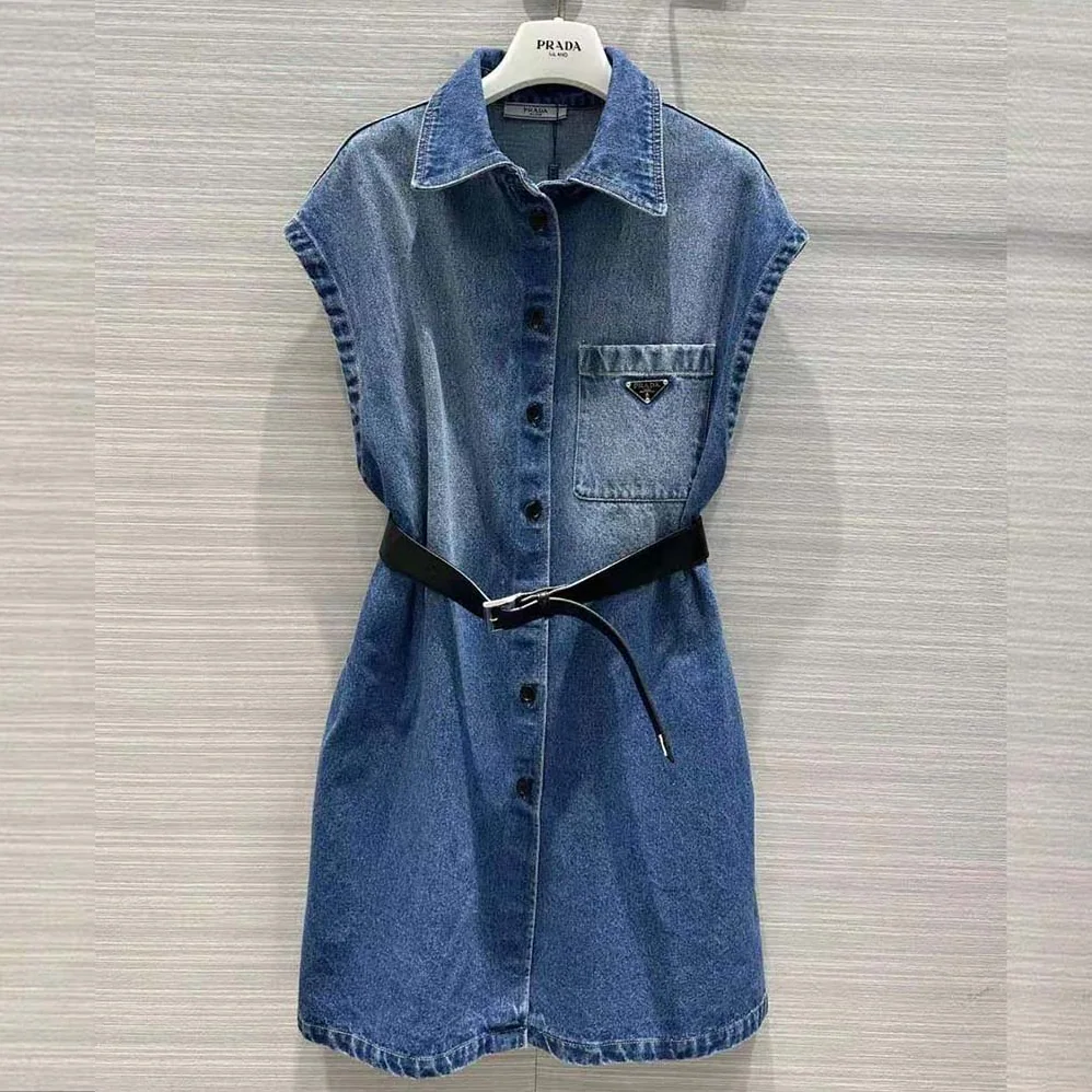 Prada Denim Shirt with Triangle Logo for Women in Navy Prada Denim Shirt with Triangle Logo for Women in Navy