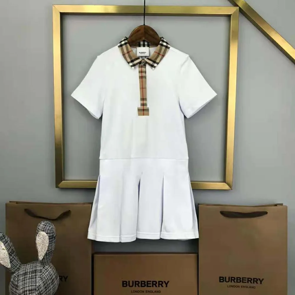 Burberry Girls' Vintage Check Trim Cotton Piqué Polo Shirt Dress in White Burberry Girls' Vintage Check Trim Cotton Piqué Polo Shirt Dress in White
