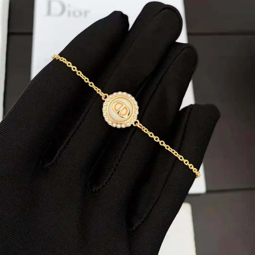 Dior Petit CD Bracelet Gold-Finish Metal with White Resin Pearls and Latte Glass for Women