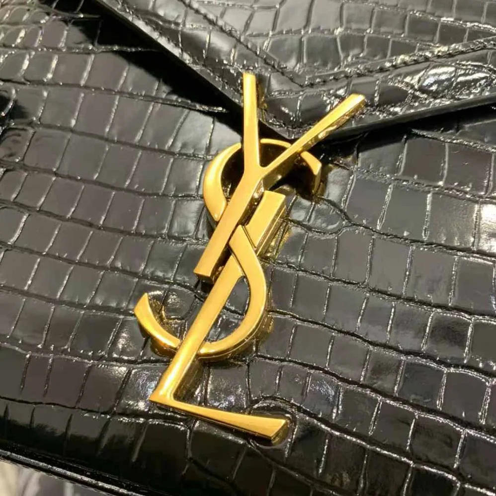 Saint Laurent YSL Cassandra Mini Top Handle Bag in Crocodile-Embossed Shiny Leather for Women in Black