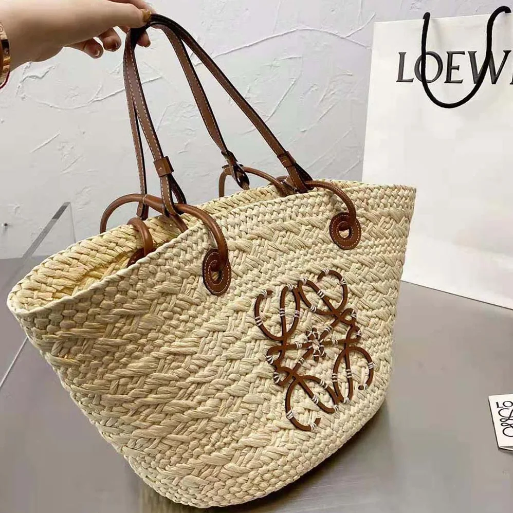 Loewe Medium Anagram Basket Bag in Iraca Palm and Calfskin for Women