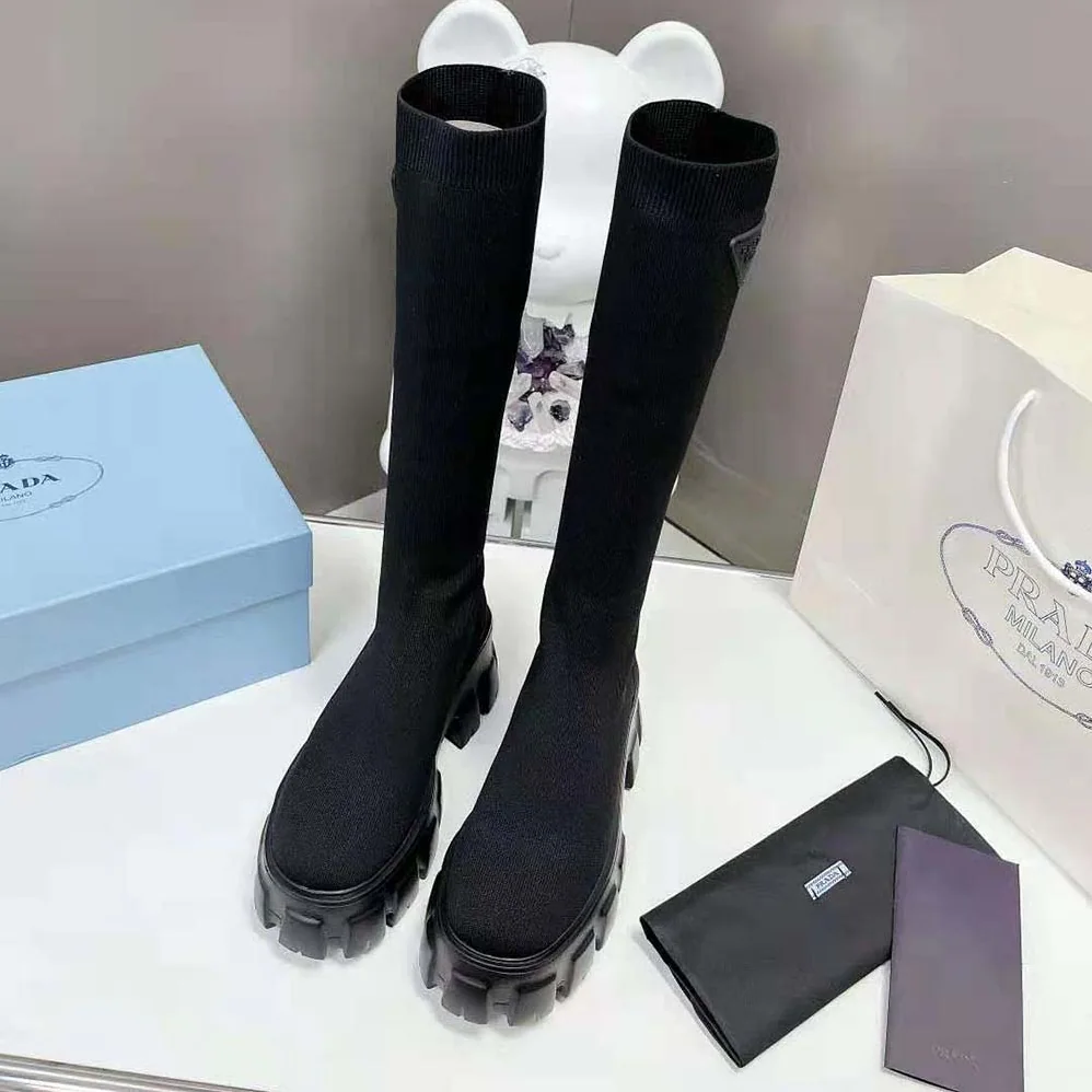 Prada Monolith Knit Boots with Embossed Rubber Triangle Logo for Women Prada Monolith Knit Boots with Embossed Rubber Triangle Logo for Women