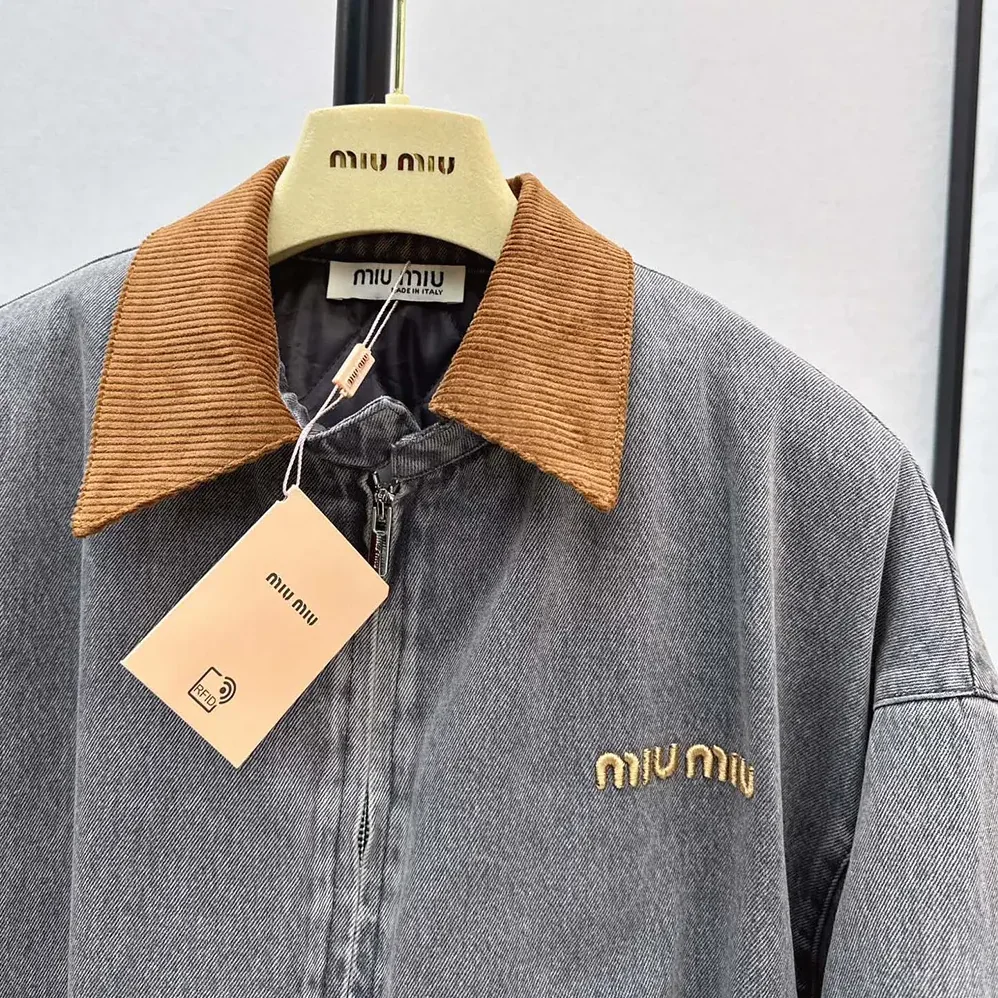 Miu Miu Chambray Jacket with Velvet Collar for Women Miu Miu Chambray Jacket with Velvet Collar for Women