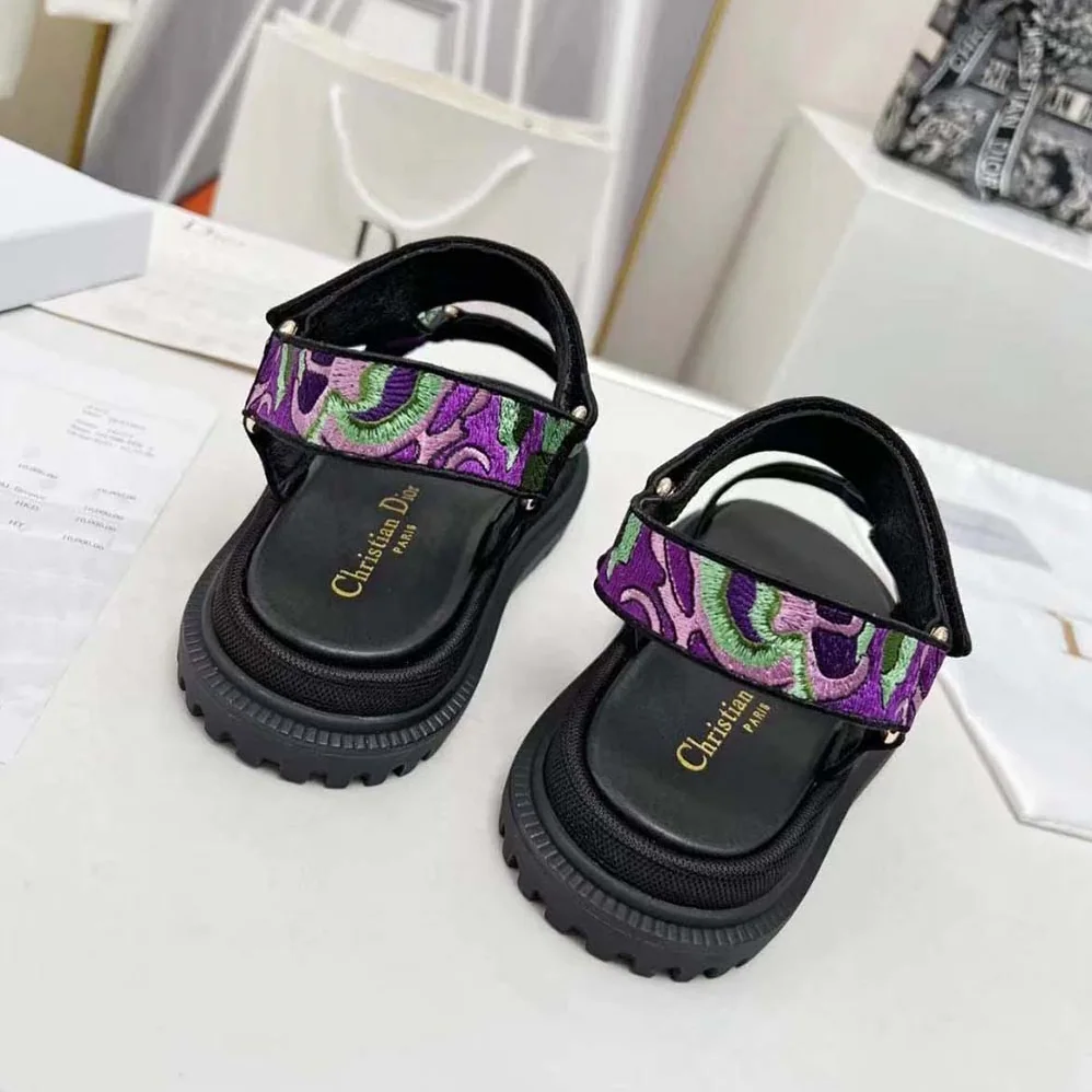 Dior D-Wave Sandal Black Multicolor Embroidered Cotton for Women