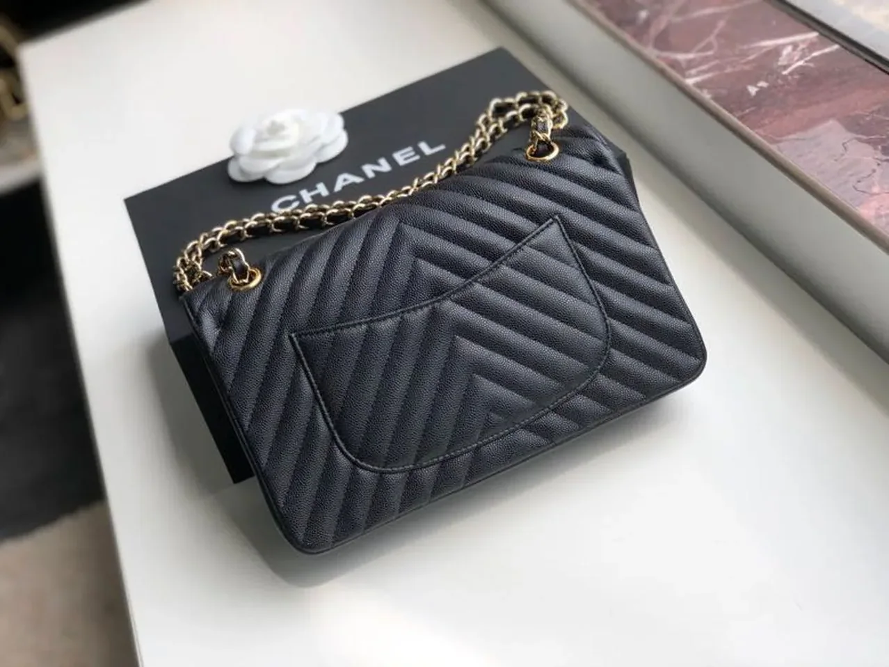 Chanel Chevron Classic Flap Medium Crossbody Bag in Black Gold Toned Hardware