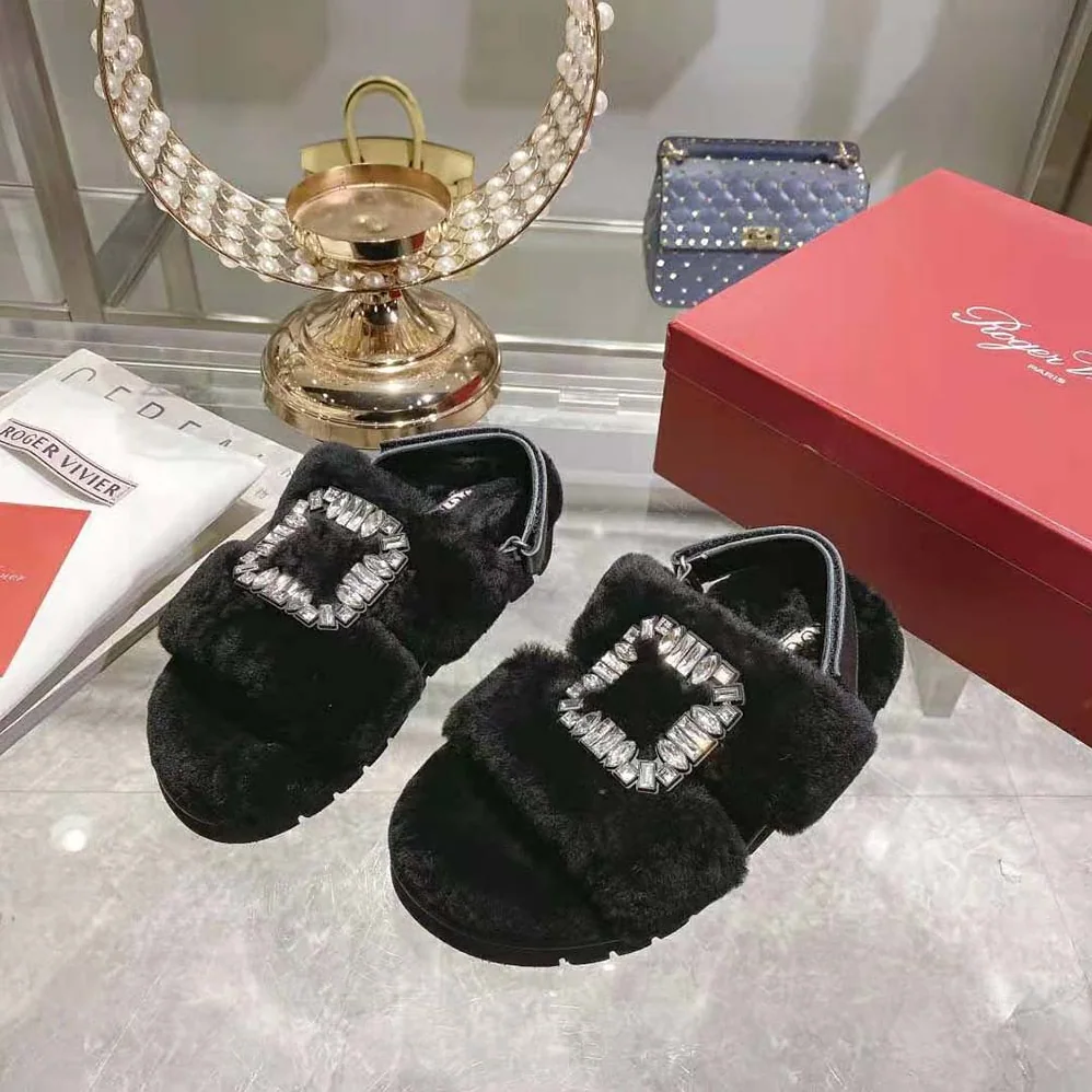Roger Vivier Viv' Winter Fur Strass Buckle Sandals in Sheepskin for Women in Black Roger Vivier Viv' Winter Fur Strass Buckle Sandals in Sheepskin for Women in Black