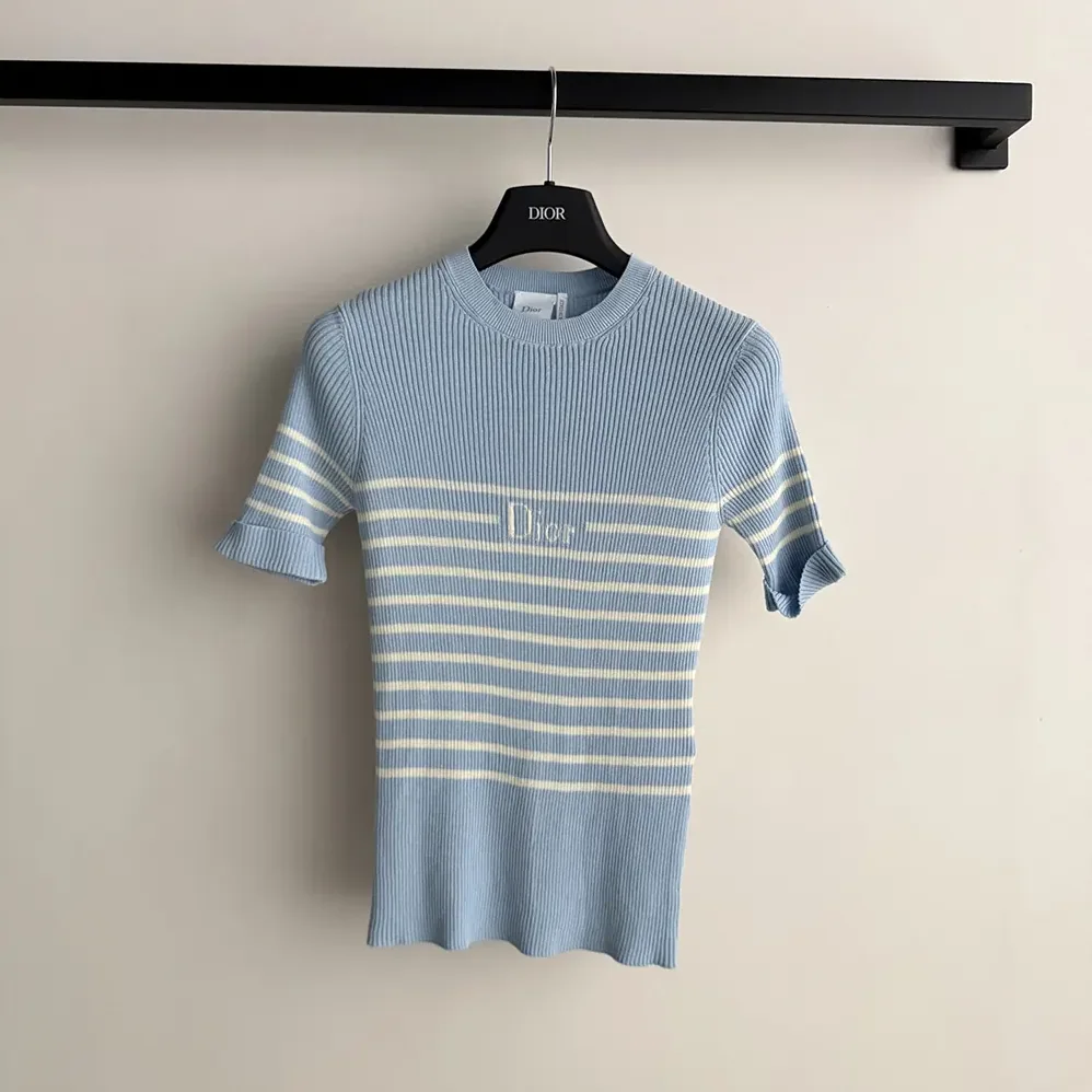 Dior Dioriviera Short-Sleeved Fitted Sweater Sky Blue and White D for Women in Stripes Ribbed Cotton Knit