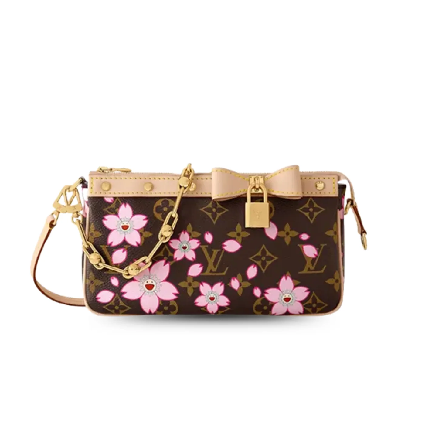 Louis Vuitton LV x Murakami Pochette Accessoires Shoulder Bag in Sakura Brown Gold Hardware Louis Vuitton LV x Murakami Pochette Accessoires Shoulder Bag in Sakura Brown Gold Hardware