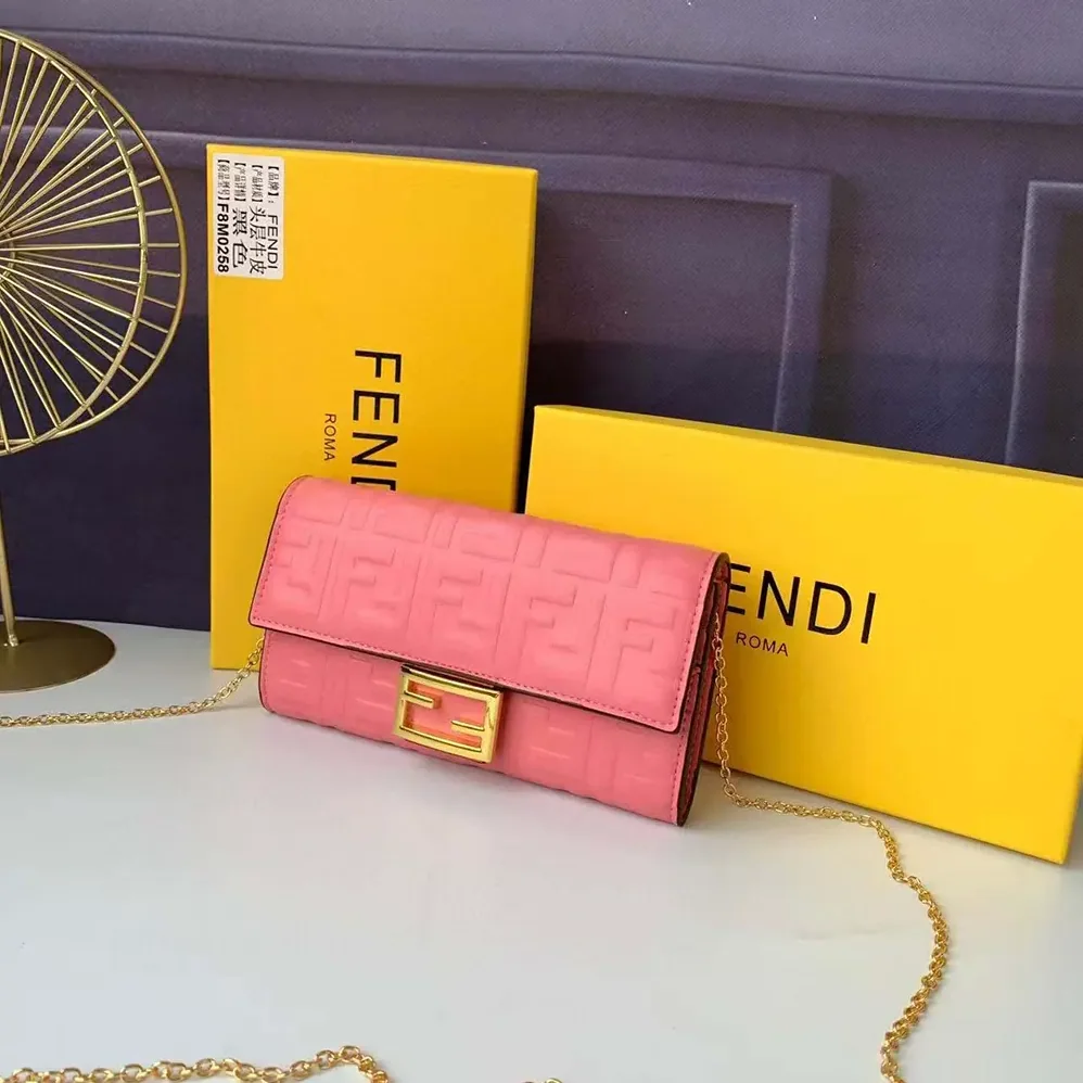 Fendi Baguette Continental Wallet With Chain Pink Nappa Leather Wallet for Women