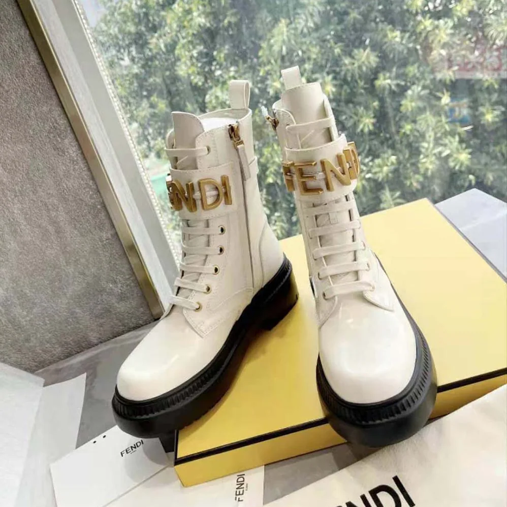 Fendi Fendigraphy White Leather Biker Boots for Women Fendi Fendigraphy White Leather Biker Boots for Women