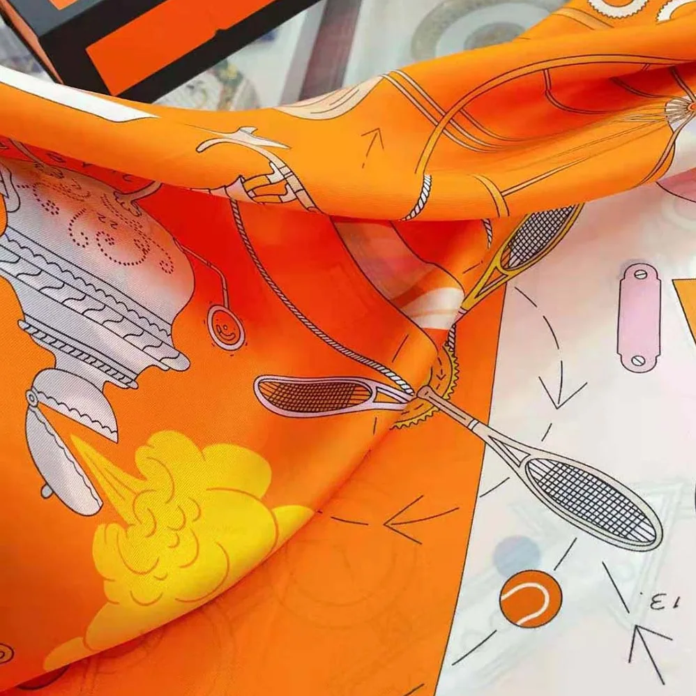 Hermes Tea for Two Scarf 90 in Silk Twill with Hand-Rolled Edges for Women in Orange Hermes Tea for Two Scarf 90 in Silk Twill with Hand-Rolled Edges for Women in Orange