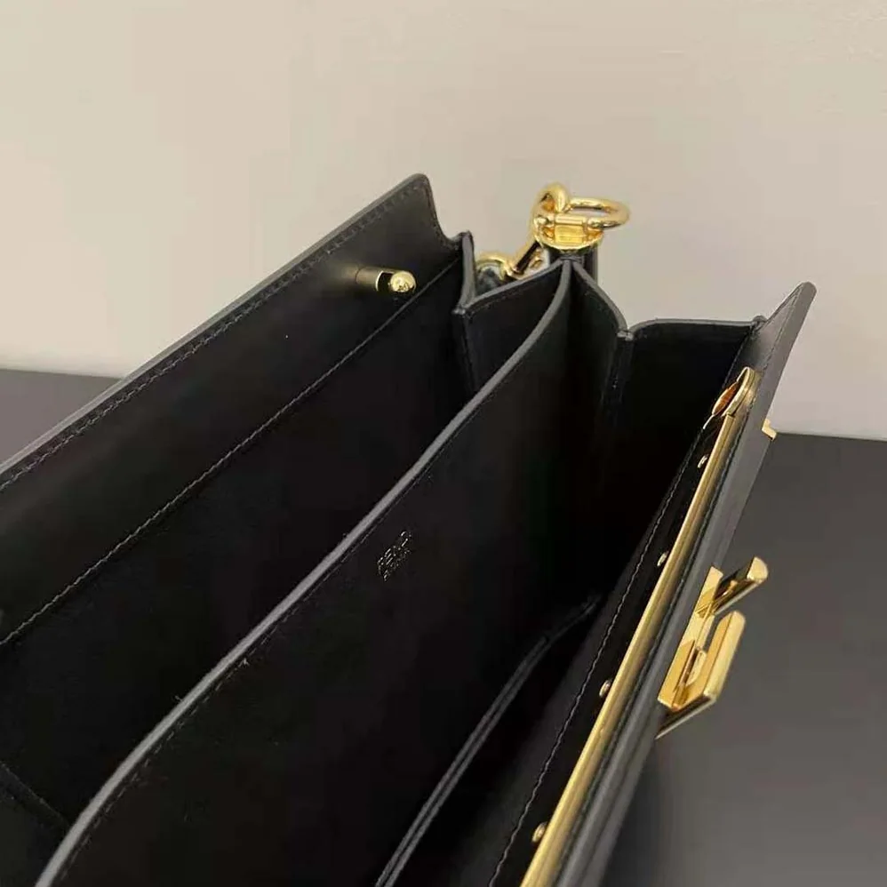 Fendi Touch Leather Bag with A Metal FF Clasp for Women in Black Fendi Touch Leather Bag with A Metal FF Clasp for Women in Black
