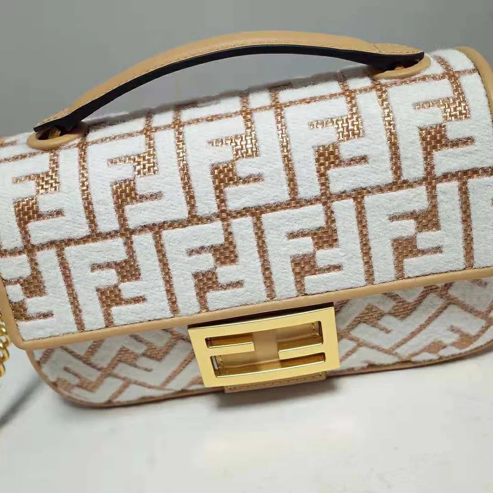 Fendi Baguette Chain Midi Raffia Bag with White Tapestry Fabric FF Motif for Women
