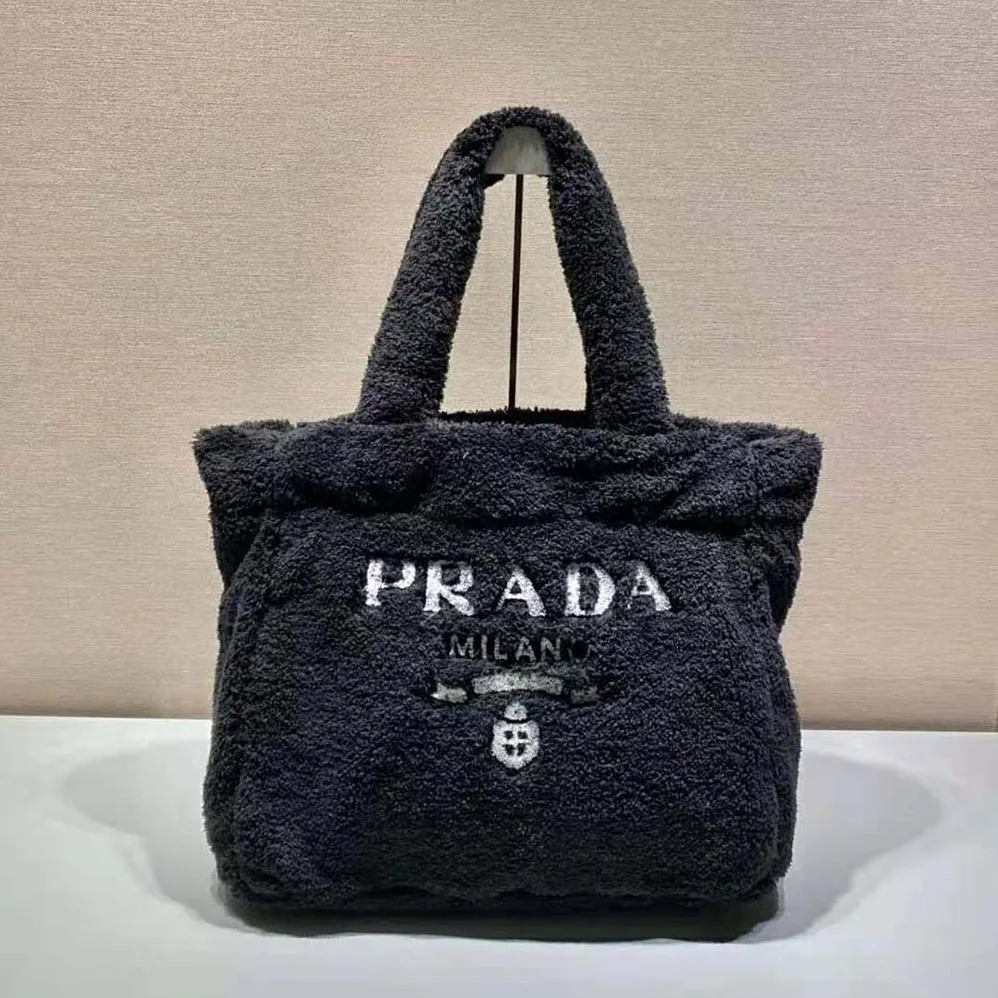 Prada Enameled Metal Triangle Logo Terry Tote Bag for Women in Black Prada Enameled Metal Triangle Logo Terry Tote Bag for Women in Black