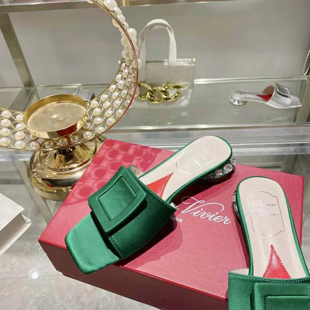 Roger Vivier Strass Heel Covered Buckle Mules in Satin for Women in Green Roger Vivier Strass Heel Covered Buckle Mules in Satin for Women in Green