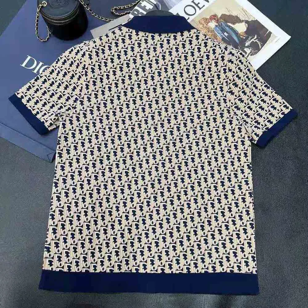 Dior Oblique Polo Shirt Blue Cotton Jacquard for Men