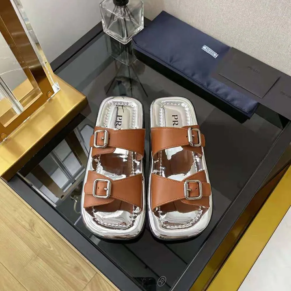 Prada Leather Sandals With Metal Buckle on the Upper for Women in Brown
