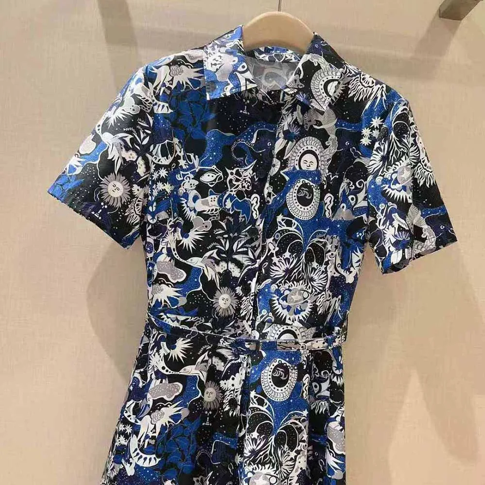 Dior Mid-Length Belted Dress Blue Dior Zodiac Fantastico Cotton Poplin for Women