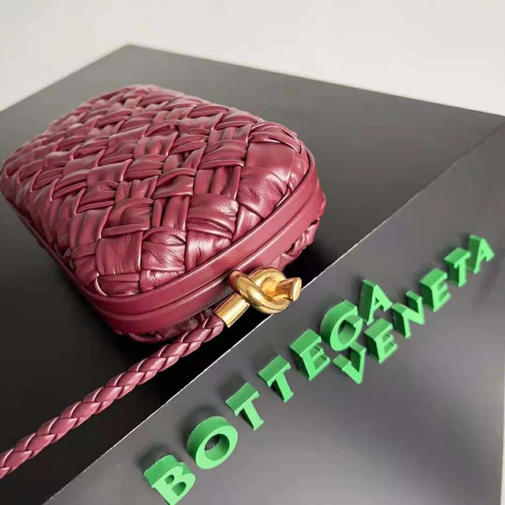 Bottega Veneta Knot On Strap Foulard Intreccio Leather Minaudiere with Strap for Women in Maroon
