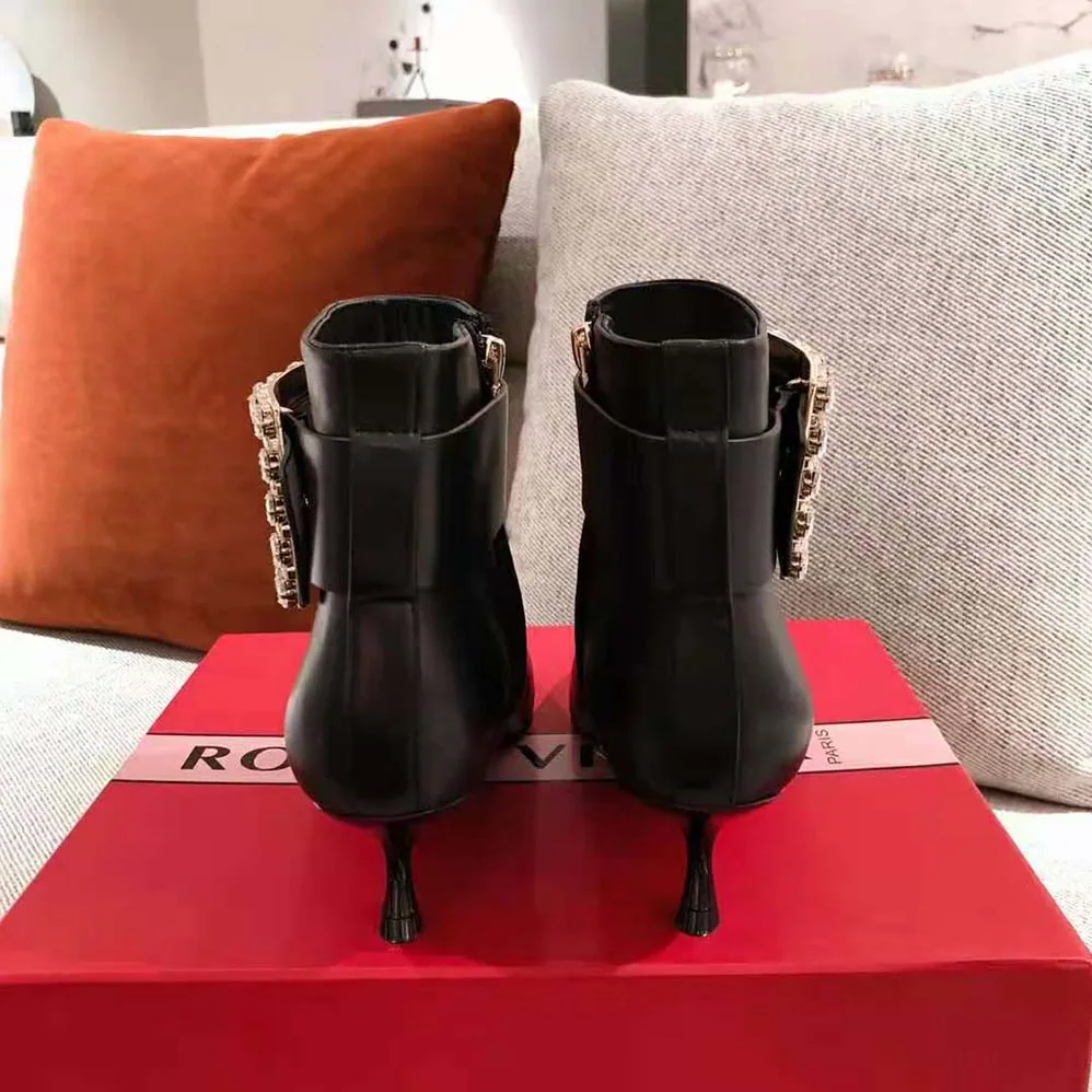 Roger Vivier Pointy Strass Buckle Booties in Leather-4.5cm Heel for Women