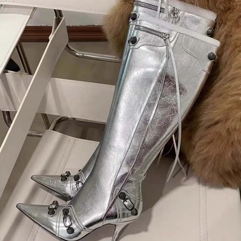 Balenciaga Cagole 90mm Boot in Silver Mmetallized Arena Lambskin for Women Balenciaga Cagole 90mm Boot in Silver Mmetallized Arena Lambskin for Women