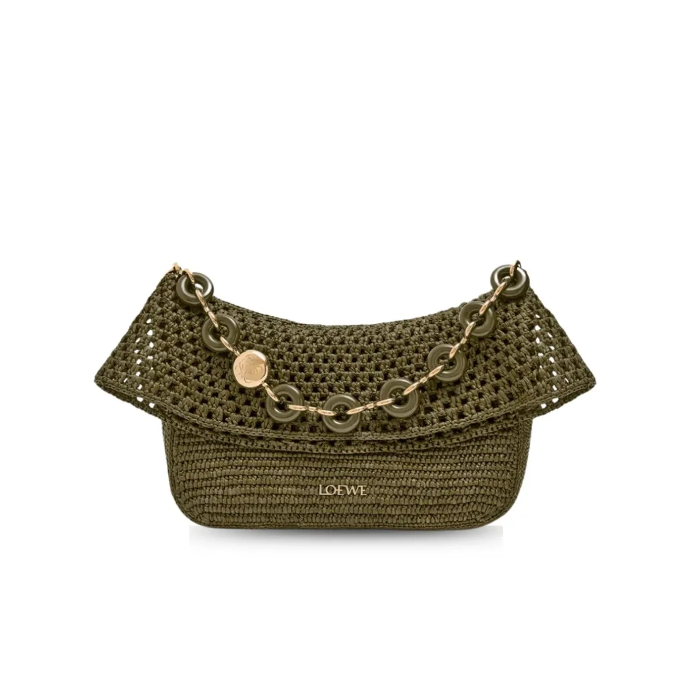 Loewe Medium Ola Bag In Raffia Dark Khaki / AP22P22X02