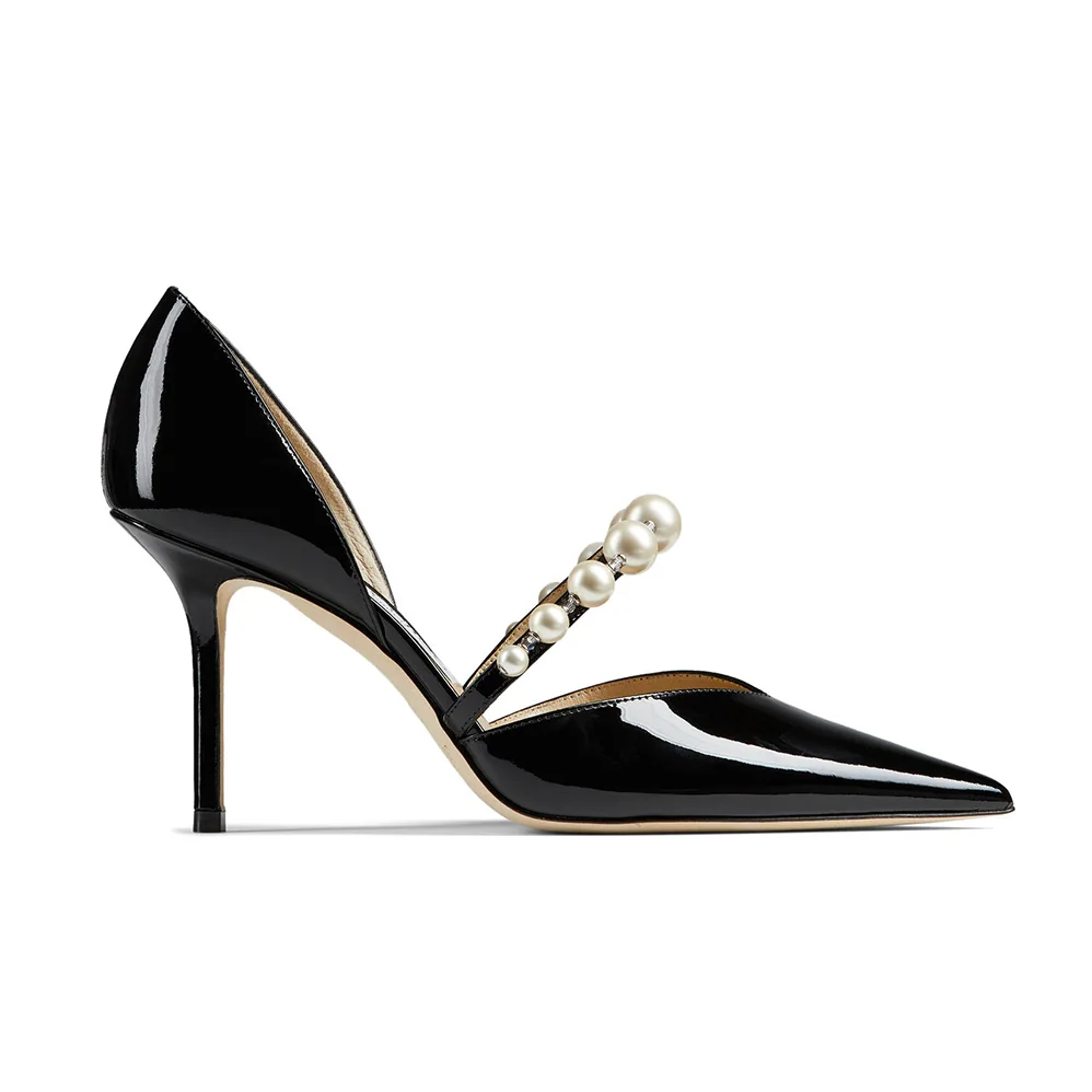 Jimmy Choo Aurelie 85 Black Patent Leather Pointed Pumps with Pearl Embellishment for Women Jimmy Choo Aurelie 85 Black Patent Leather Pointed Pumps with Pearl Embellishment for Women